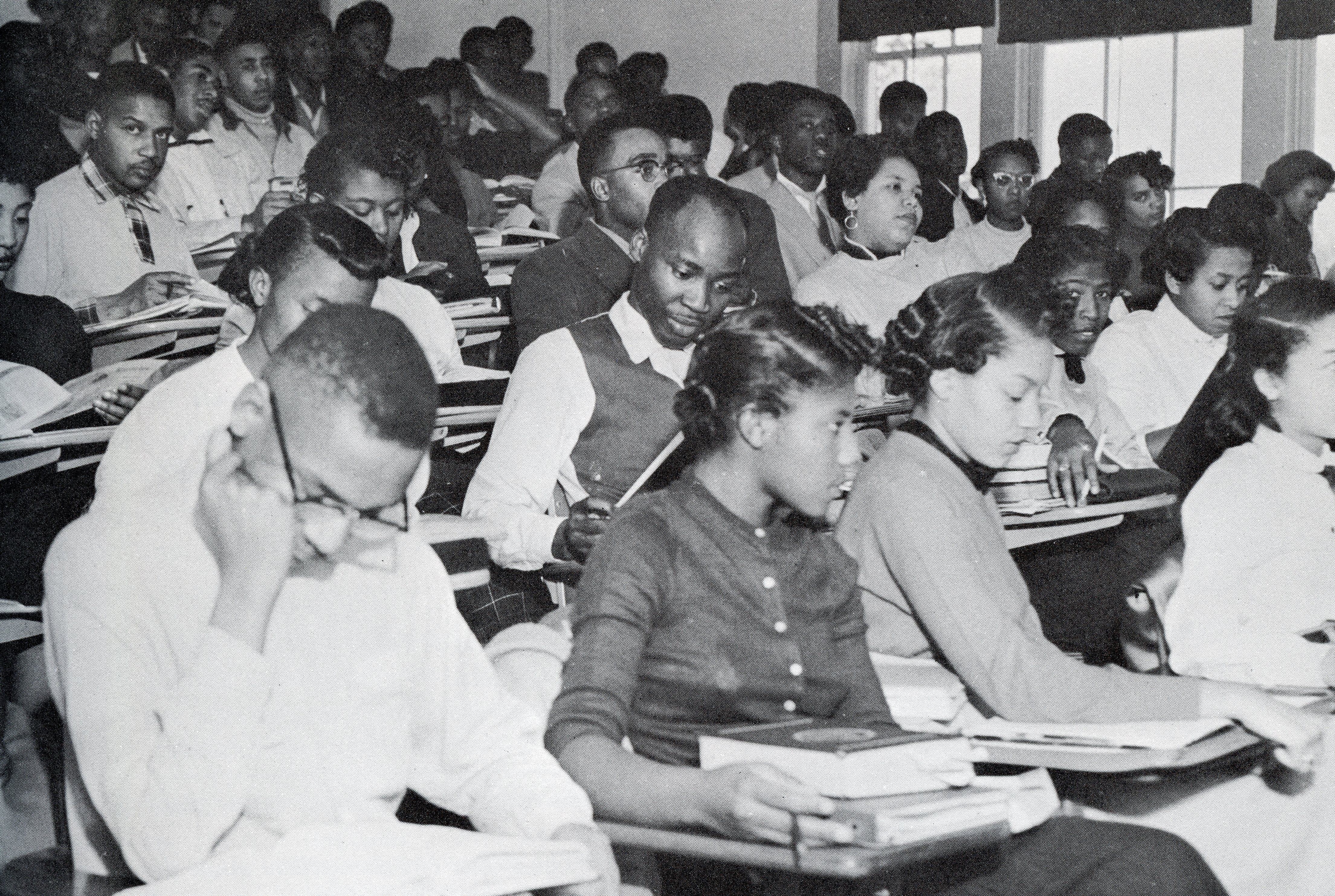 A room full of African-American students attending a lecture in 1955 as part of the United Negro Collection fund.