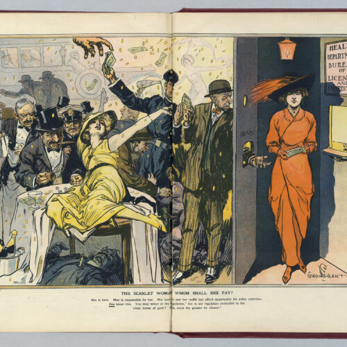 Illustration shows a woman wearing a red dress, holding money, standing between the "Health Department Bureau of Licences and Inspection" and an opening in a wall labeled "Graft". In a cut-away showing the scene behind the "Graft", the man (probably a plainclothes officer) who collects the money through the opening in the wall is passing money to a uniformed officer, who in turn passes the money to a large hand (probably that of a politician) entering the frame from above; it is a wild scene with a woman lying on a table, the body of a man stabbed to death beneath the table, a man rolling dice, others drinking, and a shooting taking place in the background. While the woman in red hesitates, the implication is that she has no choice, but to pay the graft.