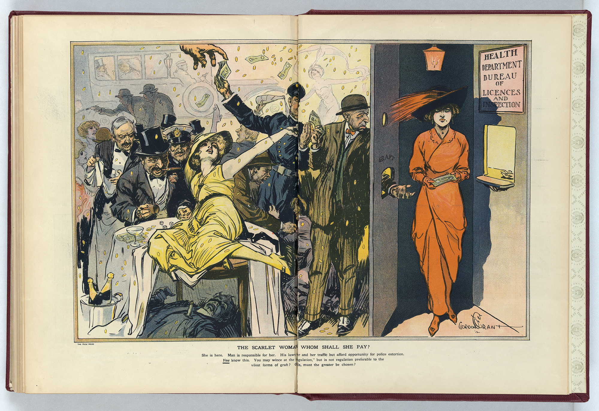 Illustration shows a woman wearing a red dress, holding money, standing between the "Health Department Bureau of Licences and Inspection" and an opening in a wall labeled "Graft". In a cut-away showing the scene behind the "Graft", the man (probably a plainclothes officer) who collects the money through the opening in the wall is passing money to a uniformed officer, who in turn passes the money to a large hand (probably that of a politician) entering the frame from above; it is a wild scene with a woman lying on a table, the body of a man stabbed to death beneath the table, a man rolling dice, others drinking, and a shooting taking place in the background. While the woman in red hesitates, the implication is that she has no choice, but to pay the graft.